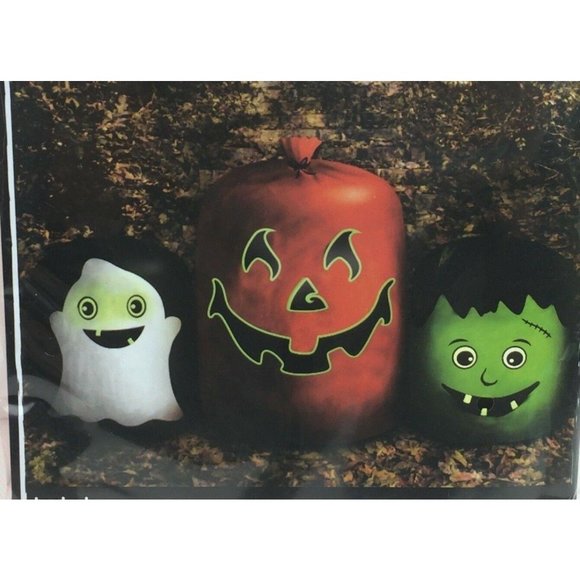 COPY - Halloween Set 3 Glow In Dark Leaf Bags Pumpkin Ghost Frankenstein Yard D… - Picture 1 of 5